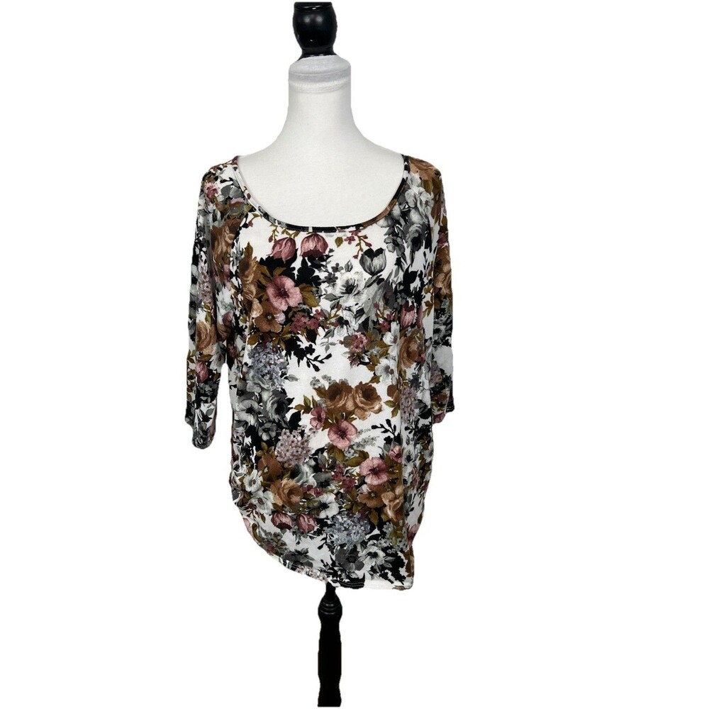 Try! This Knit Top Plus Size 1X Floral Blouse 3/4 Sleeves Pullover Muted Neutral